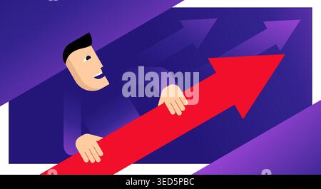 Webinar and business learning concept - abstract businessman explains financial data with growing chart arrows - conceptual vector illustration Stock Vector