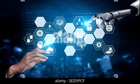 AI managing integrated business system, analyzing data, securing digital infrastructure, connecting intelligent platforms, and optimizing enterprise Stock Photo