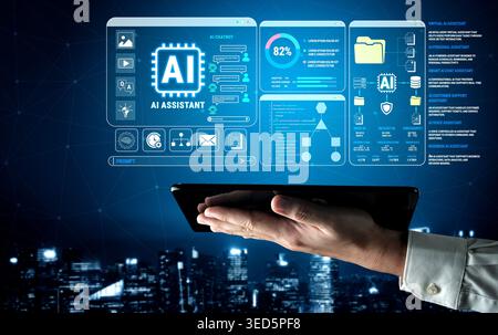 Digital Interface with AI Assistant on Tablet in Futuristic Environment Displaying Data Analytics and Technology Interaction Fluxor. Stock Photo