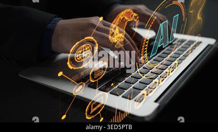 A close-up view of a person typing on a sleek laptop, surrounded by dynamic AI graphics, symbolizing innovation and technology in the digital Stock Photo