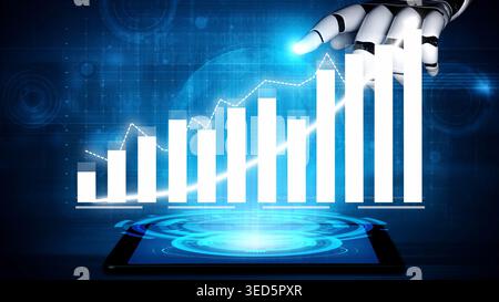 A futuristic robot hand interacts with a digital graph displayed on a tablet, symbolizing innovation and growth in technology, business metrics, and Stock Photo