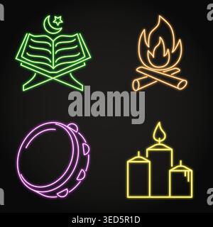 Attributes of Nowruz holiday neon icon set. The Quran, bonfire, tambourine and candles. Vector illustration. Stock Vector