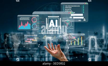 Digital Interface Displaying Artificial Intelligence Concepts with Charts, Graphs, and Data Analysis in a High-Tech Environment Quark. Stock Photo