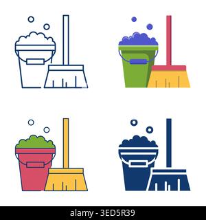Cleaning icon set, mop and bucket with soapsuds. Vector illustration. Stock Vector