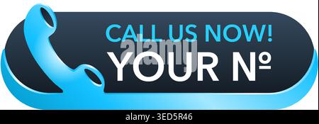 Call us Now blue 3D button - template for phone number in website header - conspicuous sticker with phone headset pictogram Stock Vector