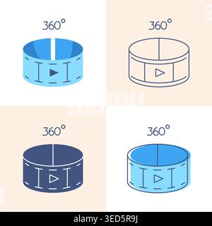 360 degree video concept icon set in flat and line style. Modern panorama view technology symbol. Vector illustration. Stock Vector