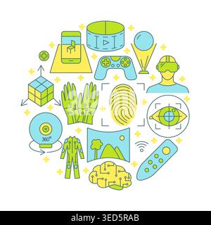 Virtual reality round concept poster in colored line style. Modern computer technology symbols. Vector illustration. Stock Vector