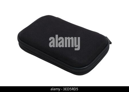 Black hard shell protective case for electronic accessories. Small zippered carry pouch for cables and gadget storage. Travel organizer for tech gear Stock Photo
