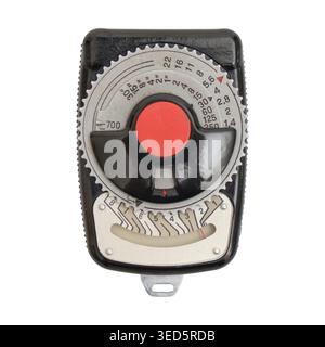 Vintage analog light meter for photography isolated on white background. Classic handheld device for measuring exposure settings and manual camera gea Stock Photo