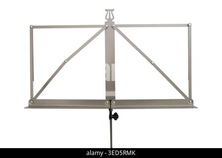Metal music stand isolated on white background. Folding stand for holding orchestra scores or songbook. Equipment for musician, student, or performer Stock Photo