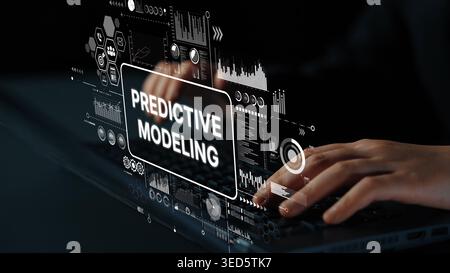 Conceptual Representation of Predictive Modeling in Data Analysis with Hands Typing on Laptop. Asymptotic smart data analytic. Stock Photo