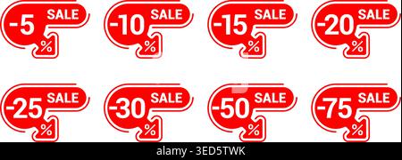 Sales tag set in creative rounded frames, arrow down and different percentage - 5, 10, 15, 20, 25, 30, 50, 75 Stock Vector