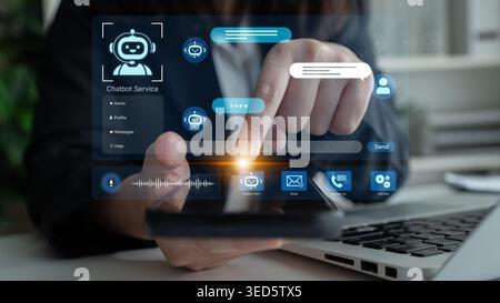 Modern AI chatbot service dashboard featuring 24 7 automated AI support, voice recognition, and omnichannel NLP AI communication. Customer experience Stock Photo