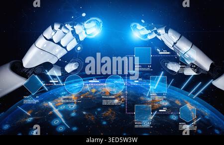 Futuristic Robots Engaging in Data Processing Over a Digital Globe with Floating Analytical Elements and Virtual Interfaces Quark. Stock Photo