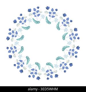 Circular wreath of blue and teal flowers with green leaves and buds, arranged symmetrically on white background, decorative botanical frame design per Stock Photo