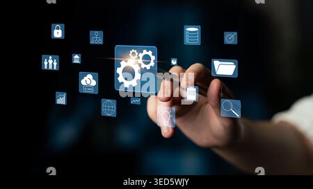 A concept of business operations and enterprise system integration. The components of a company including security, data, and cloud infrastructure Stock Photo