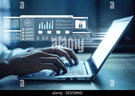 Close-up of hands typing on a laptop with digital data visualizations and security indicators, illustrating concepts of artificial intelligence, data Stock Photo