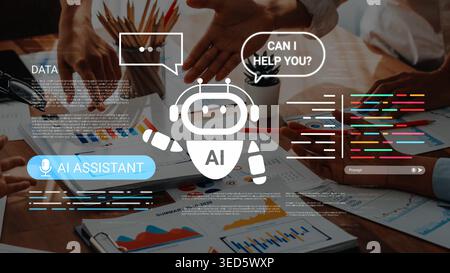 Innovative AI Assistant Concept for Data Analysis with Collaborative Teamwork Elements and Digital Interfaces Showcasing Modern Technology Solutions Stock Photo