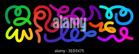 Abstract line shape, color gradient curvy object background. 3d graphic pattern arow element. Happy birthday confetti curly waves vector design. Thick Stock Vector