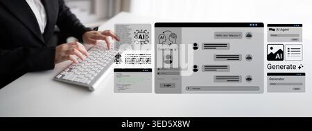 A professional workspace featuring a user interacting with an AI communication interface. The scene highlights digital engagement and innovative Stock Photo