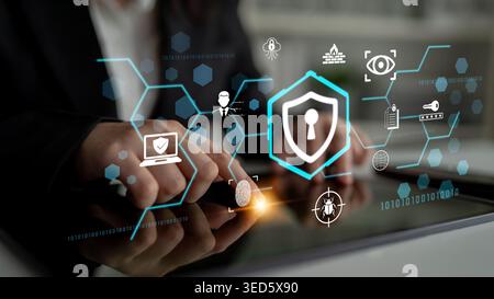 Digital Security Concept with Shield Icon and Technology Graphics Over Tablet Device in Business Environment Fluxor. Stock Photo