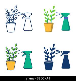 Plant spraying icon set. Sprinkling water on plant leaves. Vector illustration Stock Vector