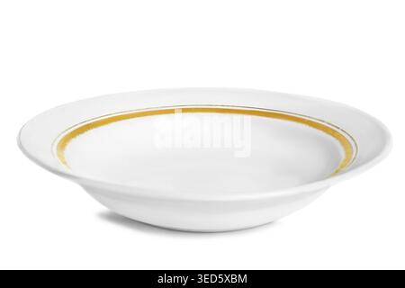 White ceramic soup plate with golden strip isolated on white background Stock Photo