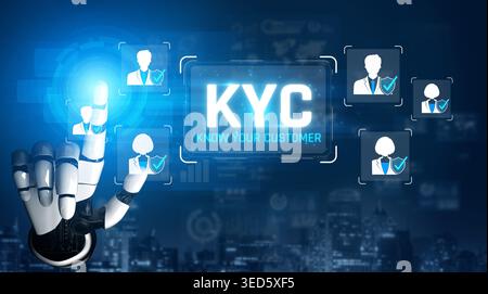 Digital Representation of KYC Concept with Robotic Hand Touching Screen Displaying Profiles and Verification Symbols for Customer Identification Stock Photo