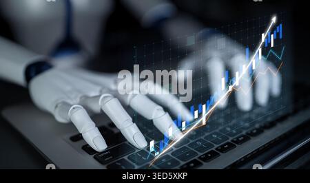 A robotic hand interacts with a laptop, showcasing advanced technology in financial analysis through vibrant data visualizations, symbolizing the Stock Photo