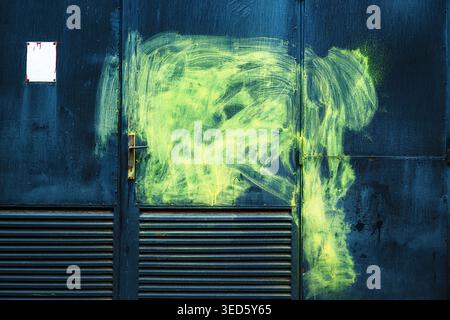 Weathered dark metal door or gate covered in vibrant lime-green spray-paint graffiti stain as background Stock Photo