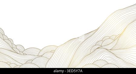 Abstract mountain landscape with flowing gold lines, dunes, waves, minimalist Japanese style. Luxury vector background, desert and ocean elements, zen Stock Vector