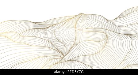 Abstract mountain landscape with flowing gold lines, dunes, waves, minimalist Japanese style. Luxury vector background, desert and ocean elements, zen Stock Vector