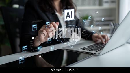 AI neural network and data processing system visualizing artificial intelligence with brain structure, chip, and connected data blocks for computation Stock Photo
