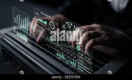 Hands Typing on a Laptop with Futuristic Data Visualization and Graphs Displaying Analytical Information in a Modern Setting Fluxor. Stock Photo