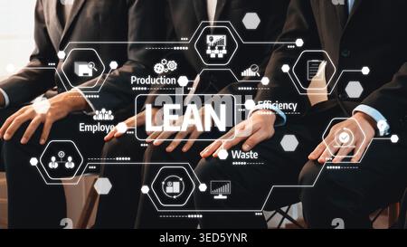 Graphic representation of lean management principles in a corporate setting, focusing on efficiency and employee engagement in business processes and Stock Photo