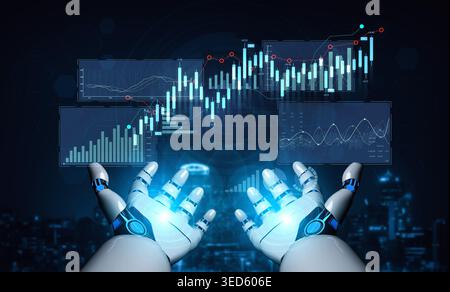 Futuristic robotic hands interact with advanced financial data analysis, showcasing digital graphs and statistics in a modern technology-driven Stock Photo