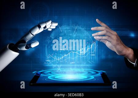 A visually striking representation of a robotic hand reaching towards a human hand above a tablet screen displaying dynamic data, symbolizing digital Stock Photo