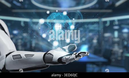 A futuristic robotic hand showcases a holographic display of global communication icons, symbolizing the intersection of technology, innovation, and Stock Photo