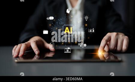 A concept of a global AI platform providing integrated business solutions. This central intelligence powers worldwide operations, from data analysis Stock Photo