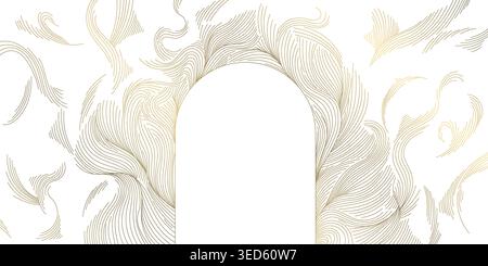 Luxury gold wave pattern, elegant thin lines arch frame on whited background. Japanese vector design, Art Deco and Art Nouveau elements with flowing Stock Vector