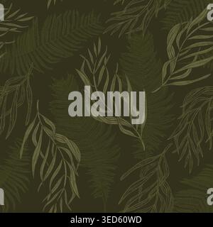 Fern and palm leaf outline vector seamless pattern on dark. Tropical lush foliage hand drawn for textile background. Botanical nature design with Stock Vector
