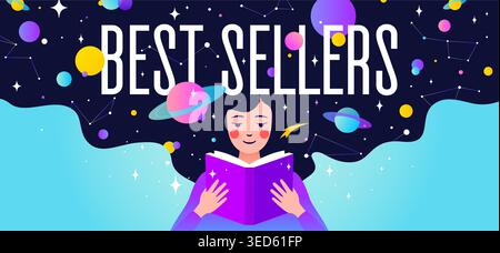 Book, Imagination, Dreams. Girl reading Stock Vector