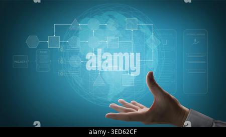 Futuristic Hand Reaching Towards Digital Flowchart and Global Connections in Technology Innovation Concept Fluxor. Stock Photo