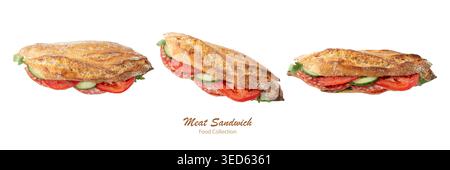 Dark whole cereal baguette with sliced salami, cucumber, tomato, arugula and parsley leaves isolated on white background. Fresh crusty baguette submar Stock Photo