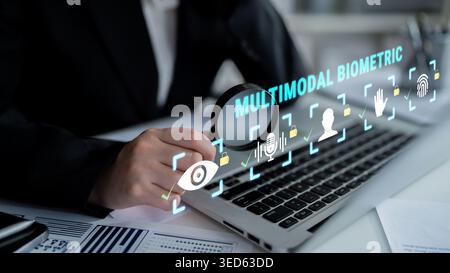 Business professional using multimodal biometric technology for secure identification and validation in modern workplace environment Haptic. Stock Photo