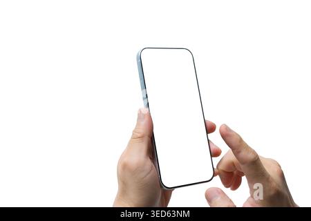 Two hands interacting with a modern smartphone featuring a blank screen on a clean white background, ideal for app demos, mobile UI design, digital ad Stock Photo