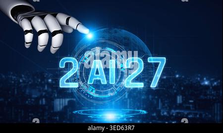Futuristic Robotic Hand Reaching Towards Illuminated Digital Display with AI and Year 2027 Over Cityscape Background Sigmoid Stock Photo