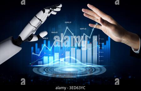 A captivating depiction of a robot hand reaching towards a human hand, set against a backdrop of digital financial graphs and data technology in a Stock Photo