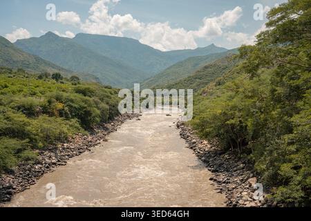 Chicamocha river flowing through green mountain valley Stock Photo