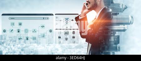 Businessman Using Smartphone While Engaged in Artificial Intelligence Technology and Data Analytics with Modern Urban Background Fluxor. Stock Photo